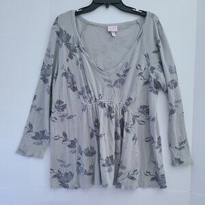ISABEL MATERNITY FLORAL SMOCKED WAFFLE KNIT TOP | GRAY | LONG SLEEVE |SIZE XXL